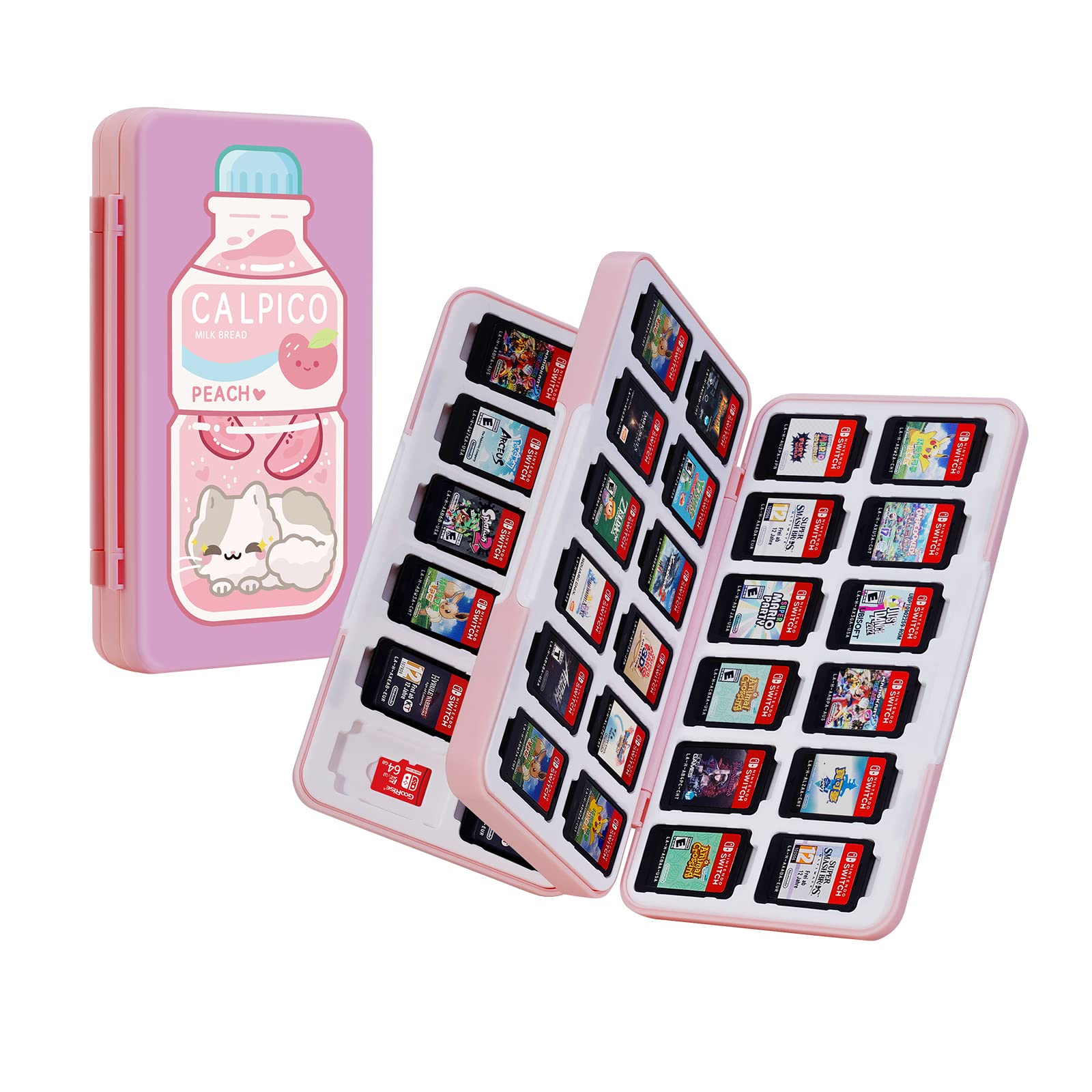 JINGDU 48-slot Game Card Case for Switch Game Fans, the Game Cartridge Case Holder for Switch/NS/OLED/Lite Games Can Store 48 Game Cards and 24 micro SD Cards, Hard Shell, Silicon Lining, Cute Cat