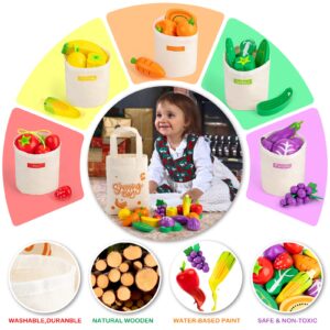 69 Pcs Wooden Play Food Sets for Kids Kitchen, Pretend Food Toys for Toddlers, Play Kitchen Toys, Fake Fruit/Vegetable Accessories with Sorting Bag, Play Money, Birthday Gifts for Boys Girls Age 3+