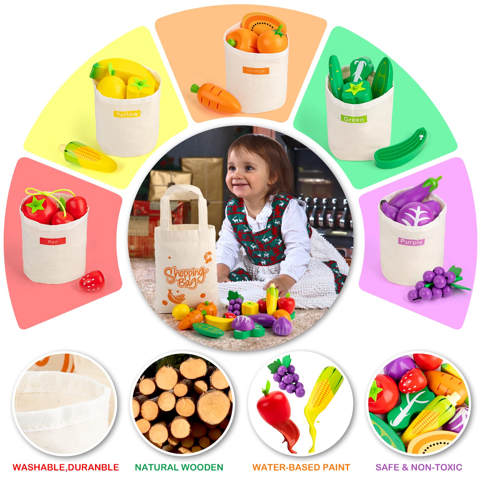 69 Pcs Wooden Play Food Sets for Kids Kitchen, Pretend Food Toys for Toddlers, Play Kitchen Toys, Fake Fruit/Vegetable Accessories with Sorting Bag, Play Money, Birthday Gifts for Boys Girls Age 3+