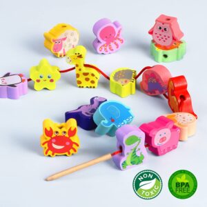 Eivaai Montessori Educational Wooden Lacing Beads Toys for Toddler 3 4 5 Year Old, Farm Animals Dinosaur Fish Threading Toys Preschool Stringing Fine Motor Skills Toy for Boys Girls