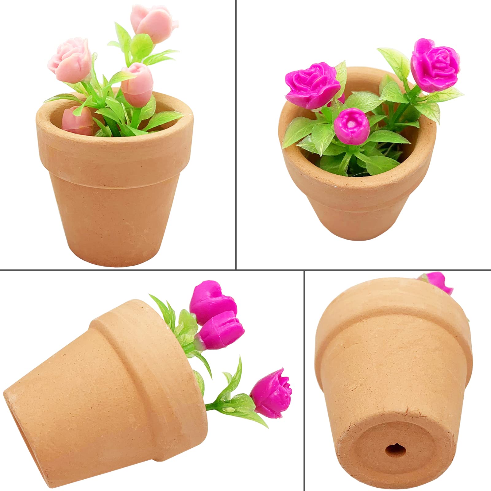 4 Pieces Mini Dollhouse Potted Plant Flower Model 1:12 Miniature Scene Bonsai Plant Set Accessories Micro Landscape Decoration (Rose+Pink)