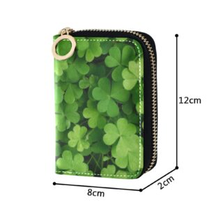 St Patrick's Day Green Seamless Shamrock Clover Lucky Four Leaves Grey Credit Card Coin wallet, RFID Blocking Compact Women Leather Card Holder, Key Change Organizer, Zipper Purse Clutch Pouch