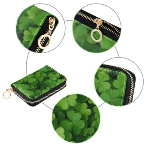 St Patrick's Day Green Seamless Shamrock Clover Lucky Four Leaves Grey Credit Card Coin wallet, RFID Blocking Compact Women Leather Card Holder, Key Change Organizer, Zipper Purse Clutch Pouch