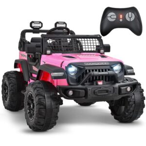 Blitzshark 24V MAX Ride-on Truck 2 Seater 4WD Kids Electric Vehicle 4x4 XXL Battery Powered Car, with 480W Ultra Powerful Motor, 7AH Battery, Remote Control, Full-Metal Suspension& DIY Sticker, Pink