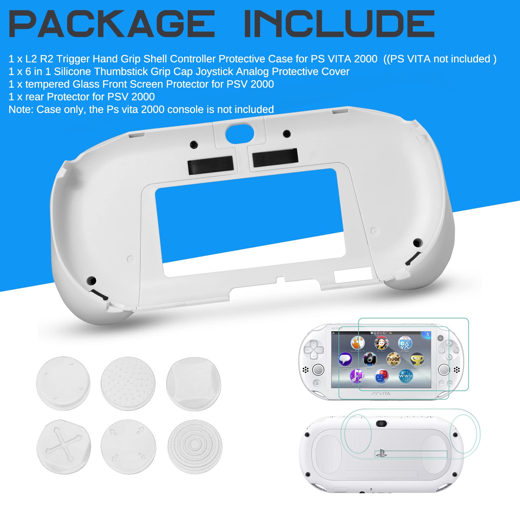 Gorliskl Hand Grip Handle Joypad Protective Case with L2 R2 Trigger Button Grip Shell Controller Protective Case for Sony PlayStation PS Vita 2000 PSV 2000 PS Vita Slim.（White）