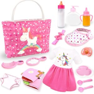 BNUZEIYI Baby Doll Accessories -Baby Doll Feeding and Caring Set with Diaper Bag Bottles for Girls Toys Gift, Stuff Doll Clothes fit 14-16 Inch Doll and 18 Inch Doll