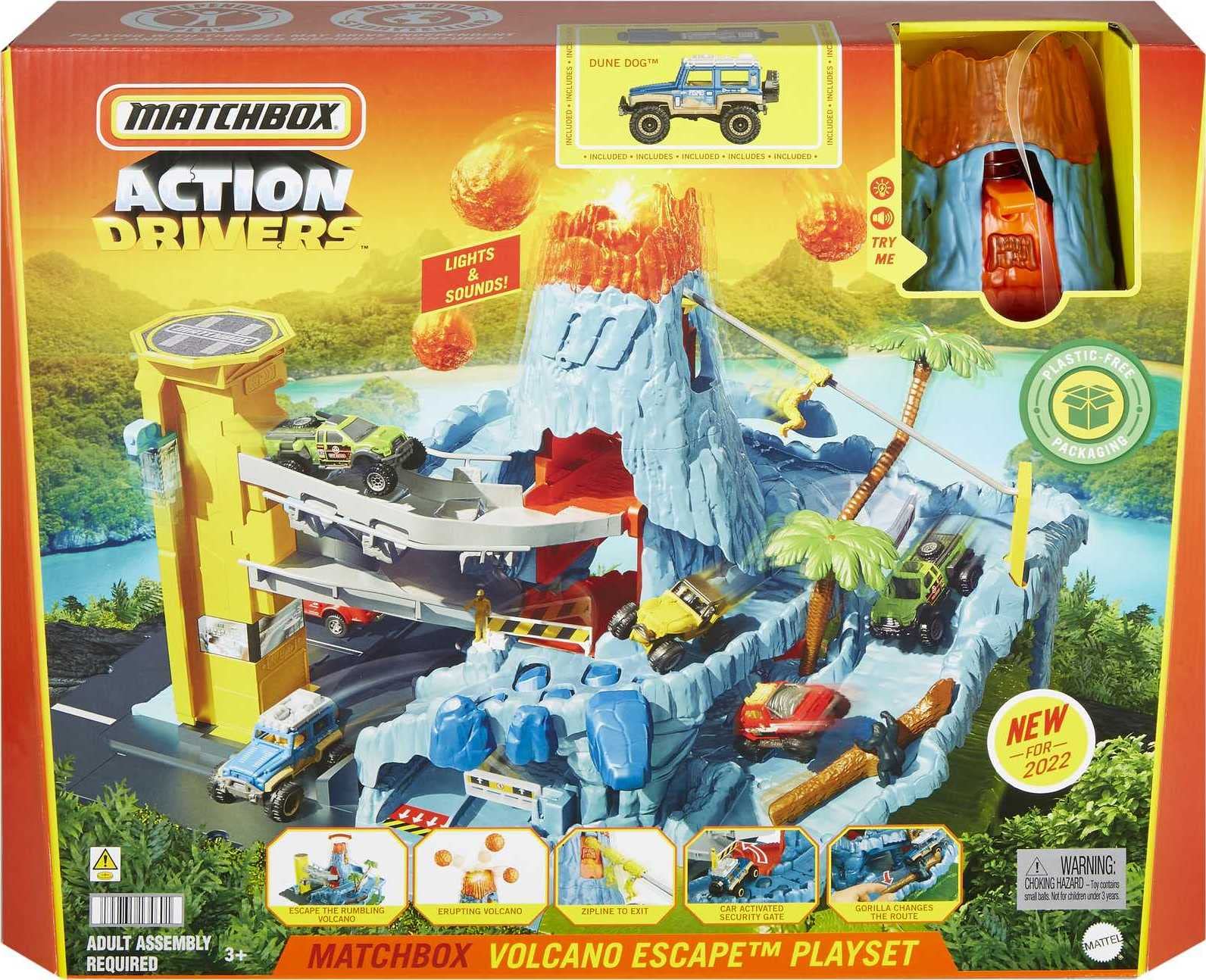 Matchbox Cars Playset, Action Drivers Volcano Escape with 1:64 Scale Vehicle, Kid- & Car-Activated Features, Lava Explosion