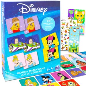 disney memory matching game set - bundle with disney matching card game for kids featuring minnie, cinderella, pooh, and more