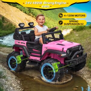 Blitzshark 24V MAX Ride-on Truck 2 Seater 4WD Kids Electric Vehicle 4x4 XXL Battery Powered Car, with 480W Ultra Powerful Motor, 7AH Battery, Remote Control, Full-Metal Suspension& DIY Sticker, Pink