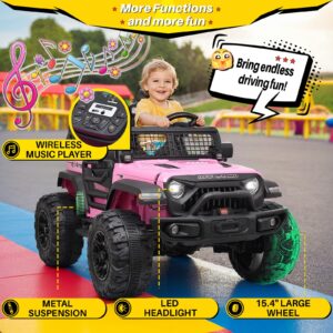 Blitzshark 24V MAX Ride-on Truck 2 Seater 4WD Kids Electric Vehicle 4x4 XXL Battery Powered Car, with 480W Ultra Powerful Motor, 7AH Battery, Remote Control, Full-Metal Suspension& DIY Sticker, Pink