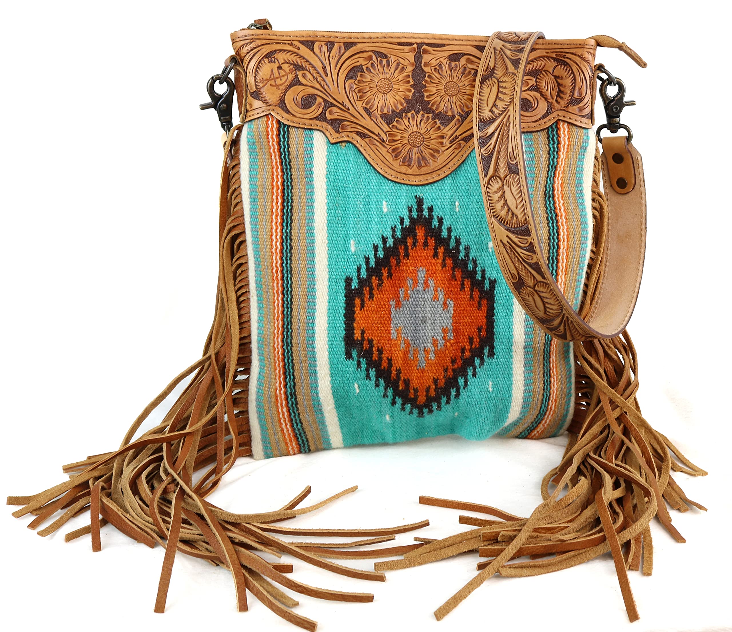 American Darling Aztec And Fringe Crossbody In Teal ADBG298E