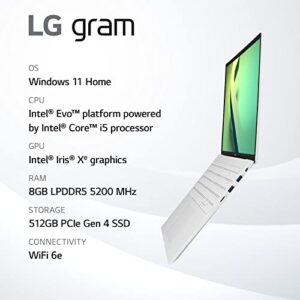 LG gram (2022) 14Z90Q Ultra Lightweight Laptop, 14" (1920x1200) IPS Display, Intel Evo 12th Gen i5 1240P Processor, 8GB LPDDR5, 512GB NVMe SSD, FHD Webcam, WiFi 6E, Thunderbolt 4, Windows11, White