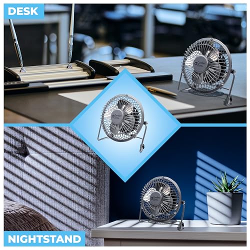 Comfort Zone Mini Portable Desk Fan with 360-Degree Adjustable Tilt, Dual Powered (USB or Power Cord), 4 inch, All-Metal Construction, Airflow 3.31 ft/sec, Ideal for Home, Bedroom & Office, CZHV4BK