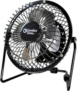 comfort zone mini portable desk fan with 360-degree adjustable tilt, dual powered (usb or power cord), 4 inch, all-metal construction, airflow 3.31 ft/sec, ideal for home, bedroom & office, czhv4bk