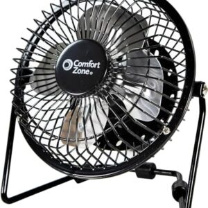 Comfort Zone Mini Portable Desk Fan with 360-Degree Adjustable Tilt, Dual Powered (USB or Power Cord), 4 inch, All-Metal Construction, Airflow 3.31 ft/sec, Ideal for Home, Bedroom & Office, CZHV4BK