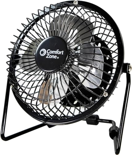 Comfort Zone Mini Portable Desk Fan with 360-Degree Adjustable Tilt, Dual Powered (USB or Power Cord), 4 inch, All-Metal Construction, Airflow 3.31 ft/sec, Ideal for Home, Bedroom & Office, CZHV4BK