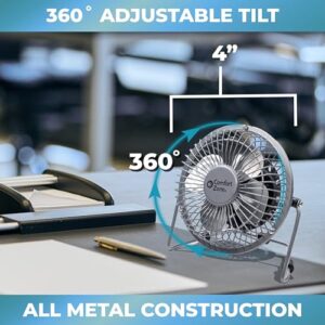 Comfort Zone Mini Portable Desk Fan with 360-Degree Adjustable Tilt, Dual Powered (USB or Power Cord), 4 inch, All-Metal Construction, Airflow 3.31 ft/sec, Ideal for Home, Bedroom & Office, CZHV4BK