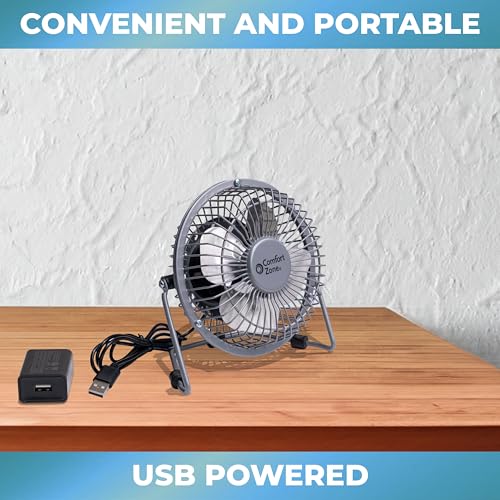 Comfort Zone Mini Portable Desk Fan with 360-Degree Adjustable Tilt, Dual Powered (USB or Power Cord), 4 inch, All-Metal Construction, Airflow 3.31 ft/sec, Ideal for Home, Bedroom & Office, CZHV4BK