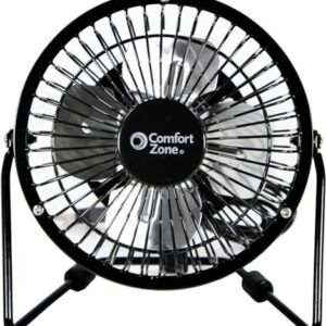 Comfort Zone Mini Portable Desk Fan with 360-Degree Adjustable Tilt, Dual Powered (USB or Power Cord), 4 inch, All-Metal Construction, Airflow 3.31 ft/sec, Ideal for Home, Bedroom & Office, CZHV4BK