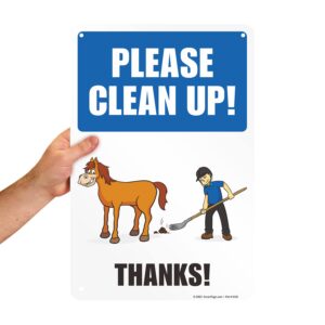 SmartSign 18 x 12 inch “Please Clean Up - Thanks” Horse Poop Metal Sign with Horse Graphic, 63 mil Laminated Rustproof Aluminum, Multicolor, Made in USA