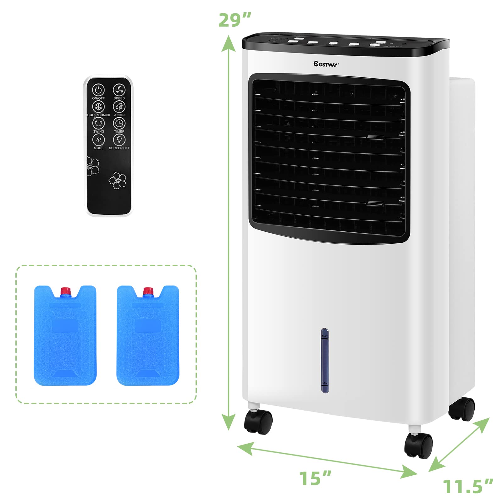 COSTWAY Portable Evaporative Air Cooler for Room, Air Cooler for Cooling and Sleep with Remote Control, 7.5-Hour Timer, 2 Ice Boxes, Quiet Evaporative Cooler for Bedroom Indoor Use Home Office Dorms