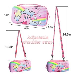 NocksyDecal Cute Kirby Carrying Case Compatible with Nintendo Switch & OLED Mode, Pink Portable Travel Case with Shoulder Strap for Switch, Hard Switch Accessories Carry Case for Girls