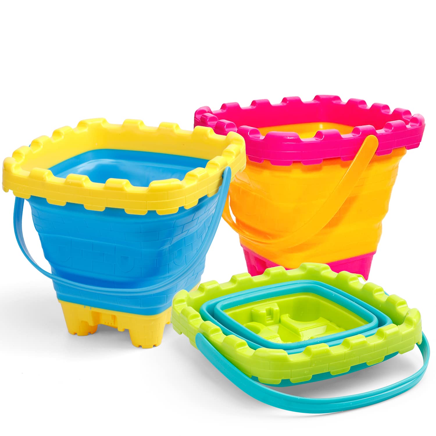 3L Jumbo Foldable Buckets, Castle Sand Beach Toy Silicon Pails For Kids Adults, Collasible Water Bucket Sandbox Kit Multi Use Summer Essential For Travel Cleaning, Camping, Picnic, Fishing 3 PCS