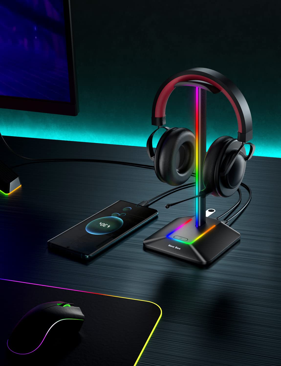 New bee RGB Headphone Stand with 1 USB-C Charging Port and 1 USB Charging Port, Desk Gaming Headset Stand with 7 Light Modes for All Earphone Accessories (Black)