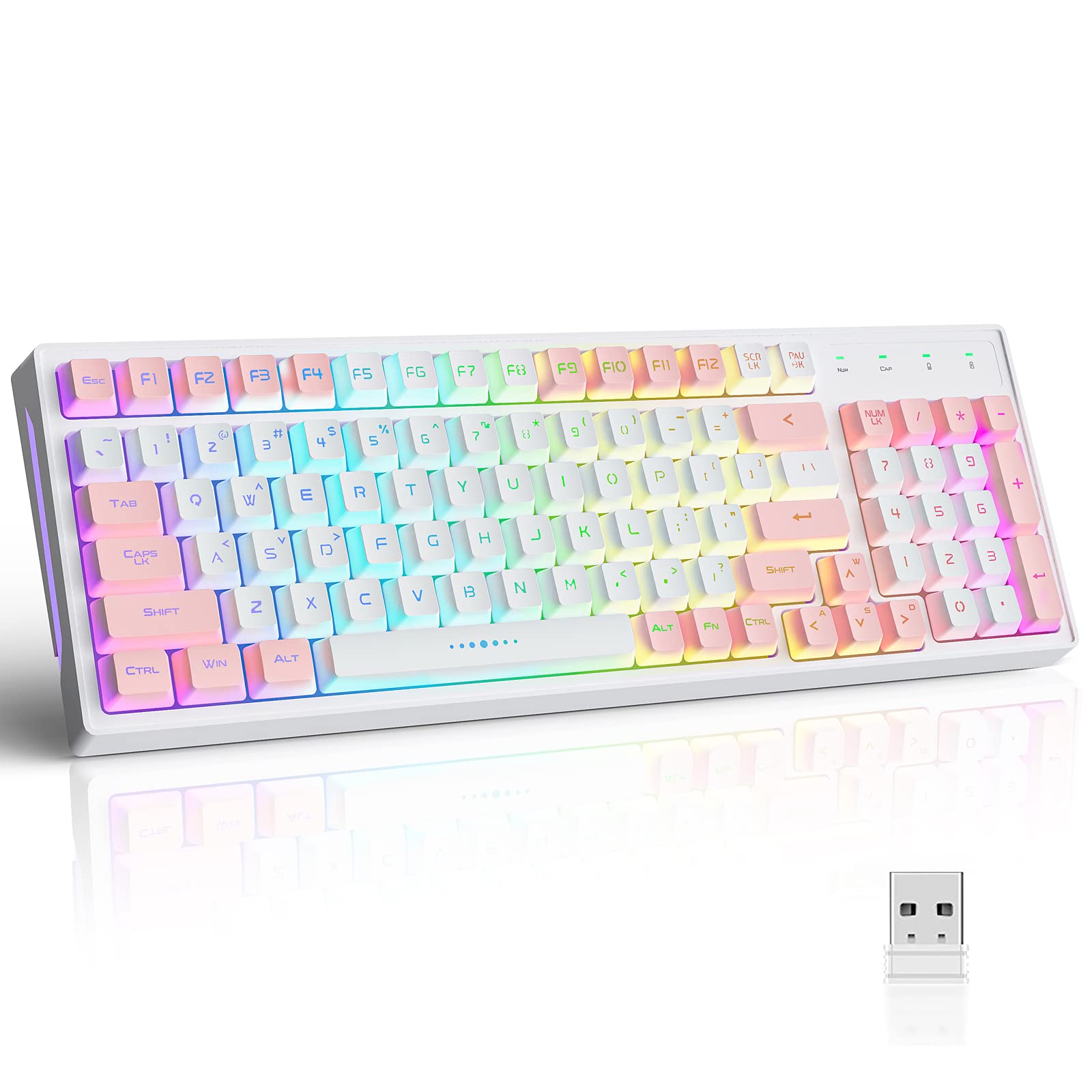 GK98 Wireless Gaming Keyboard,2.4G Rechargeable RGB White Backlit Ergonomic 98 keys Mechanical Feeling Dual Color Keyboard for Office Windows Mac PC Xbox PS4 Gamer(WhitePink)