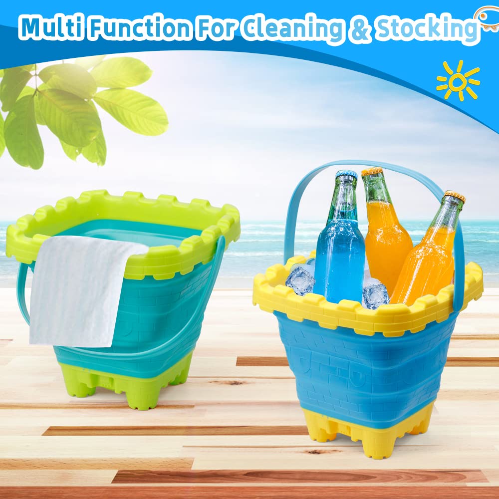 Castle Foldable Beach Sand Buckets Toy Set, 2L Silicone Collapsible Pails, Large Multi Functions Sandbox Kit Camping Traveling Gear, Beach Buckets Essential for Vacation Kids Adults 2 Pack