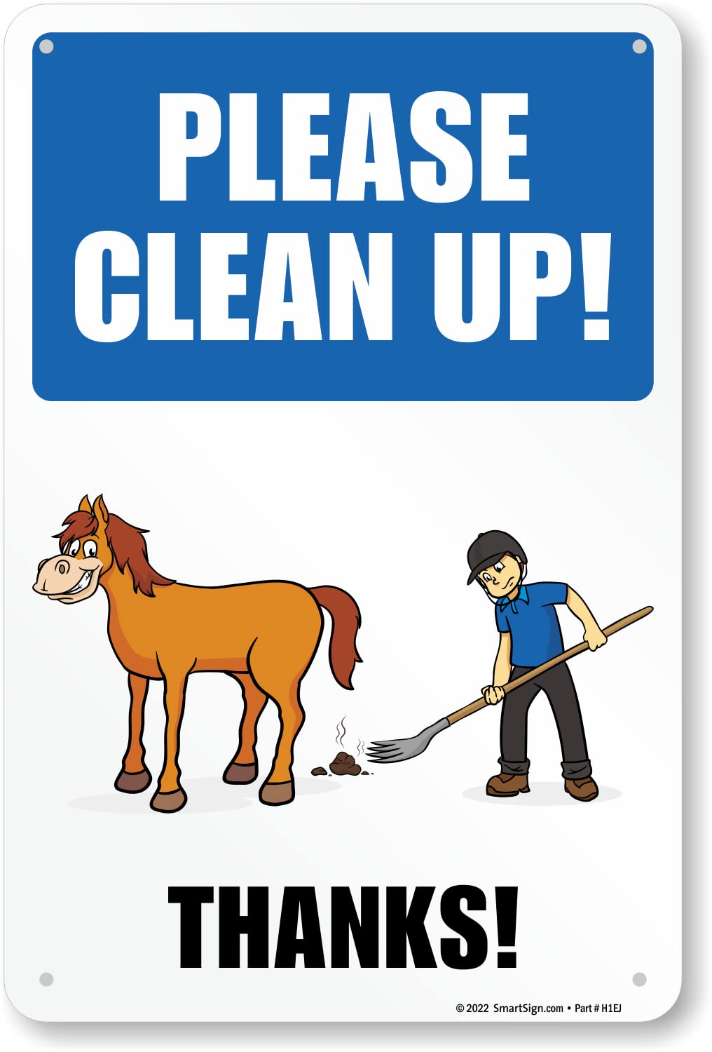 SmartSign 18 x 12 inch “Please Clean Up - Thanks” Horse Poop Metal Sign with Horse Graphic, 63 mil Laminated Rustproof Aluminum, Multicolor, Made in USA