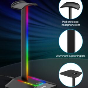 New bee RGB Headphone Stand with 1 USB-C Charging Port and 1 USB Charging Port, Desk Gaming Headset Stand with 7 Light Modes for All Earphone Accessories (Black)