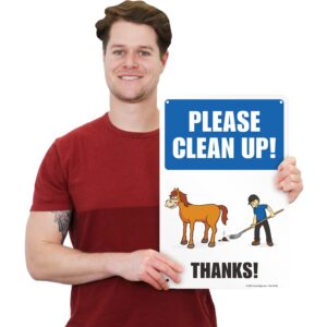 SmartSign 18 x 12 inch “Please Clean Up - Thanks” Horse Poop Metal Sign with Horse Graphic, 63 mil Laminated Rustproof Aluminum, Multicolor, Made in USA