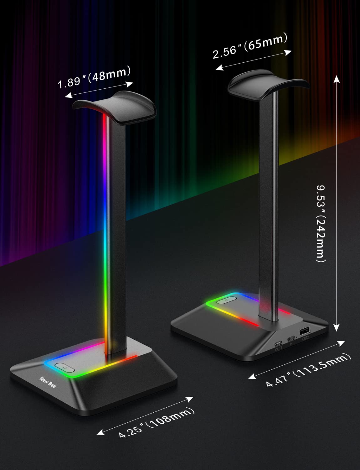 New bee RGB Headphone Stand with 1 USB-C Charging Port and 1 USB Charging Port, Desk Gaming Headset Stand with 7 Light Modes for All Earphone Accessories (Black)