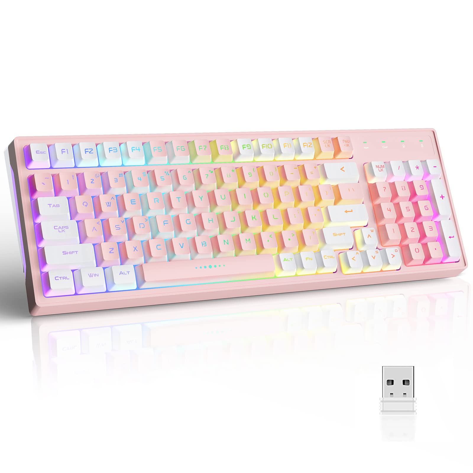 KOLMAX GK98 Wireless Gaming Keyboard,2.4G Rechargeable RGB Pink Gaming Keyboard,RGB Backlit Ergonomic 98 Keys Dual Color Mechanical Feeling Wireless Keyboard for Office Windows PC Mac Game PinkWhite