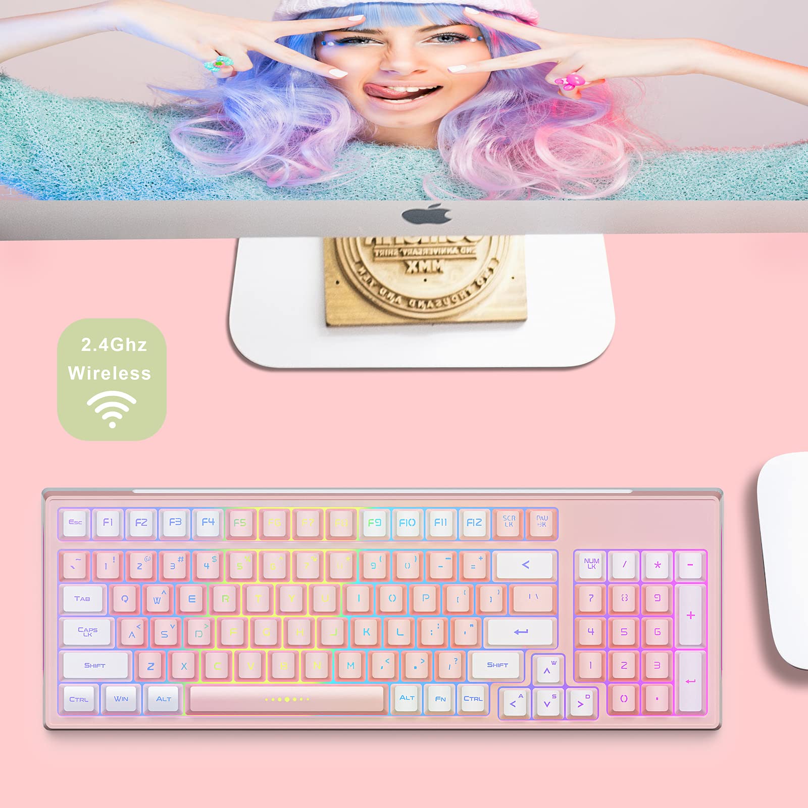 KOLMAX GK98 Wireless Gaming Keyboard,2.4G Rechargeable RGB Pink Gaming Keyboard,RGB Backlit Ergonomic 98 Keys Dual Color Mechanical Feeling Wireless Keyboard for Office Windows PC Mac Game PinkWhite