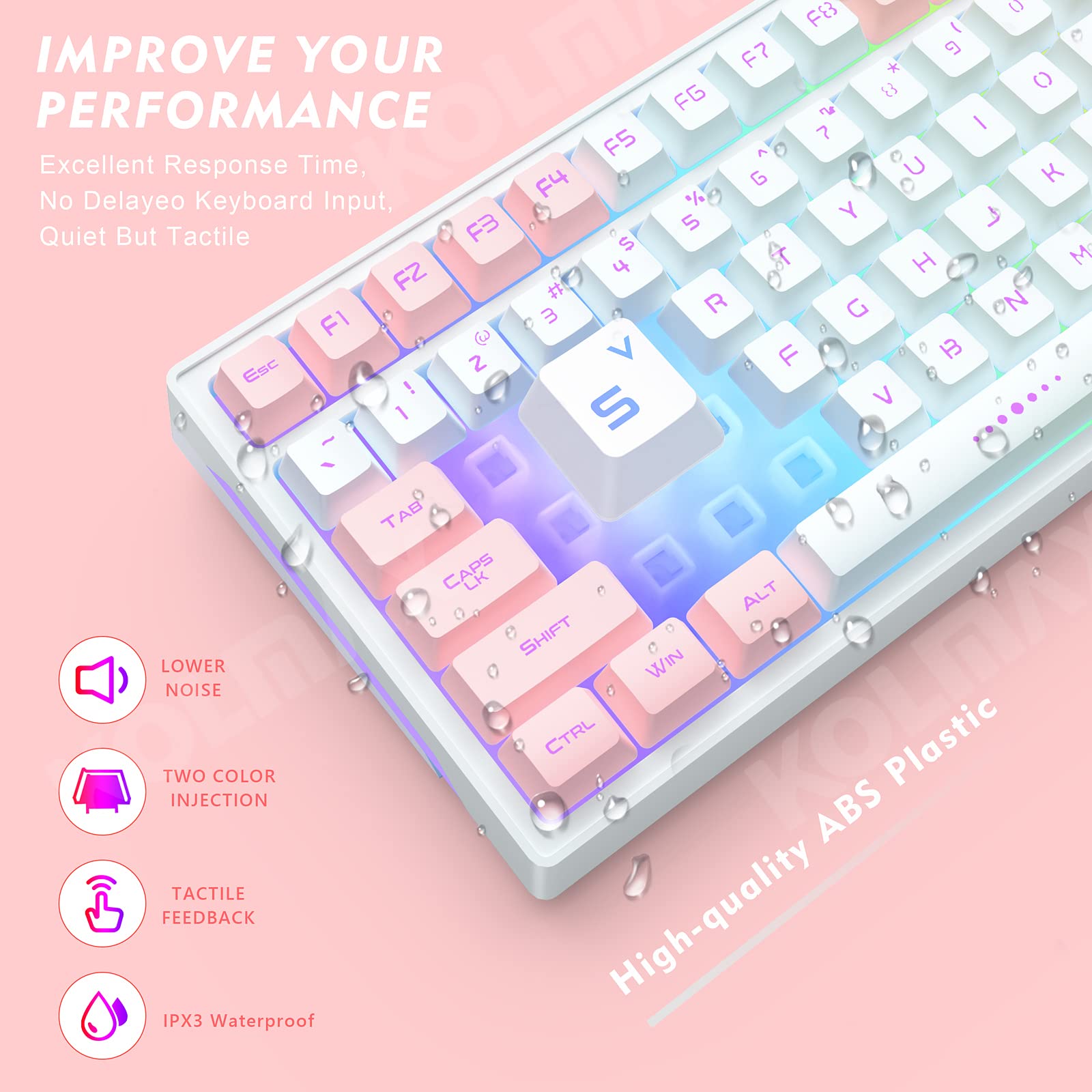 GK98 Wireless Gaming Keyboard,2.4G Rechargeable RGB White Backlit Ergonomic 98 keys Mechanical Feeling Dual Color Keyboard for Office Windows Mac PC Xbox PS4 Gamer(WhitePink)