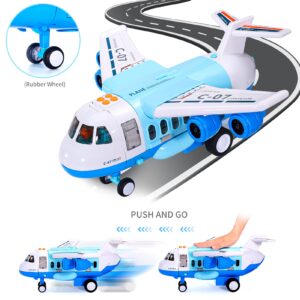 iHaHa Spray Airplane Toys for Boys Girls, Large Transport Cargo Airplane with 6 Construction Vehicle 10 Road Signs 1 Play Mat, Plane Toy with Lights Sounds for Boys Age 3 4 5 6