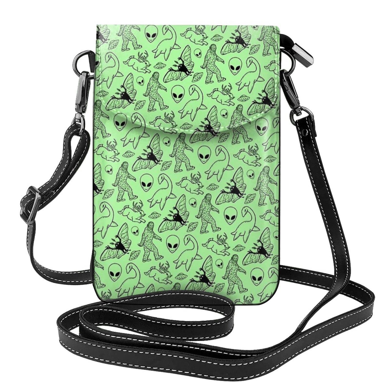 Crossbody Cell Phone Purse Aliens Bigfoot Savage Dinosaurs Green, Multipurpose Soft PU Leather Wallet for Mobile Phone Card Passport Storage, Lightweight Casual Adjustable Shoulder Bag