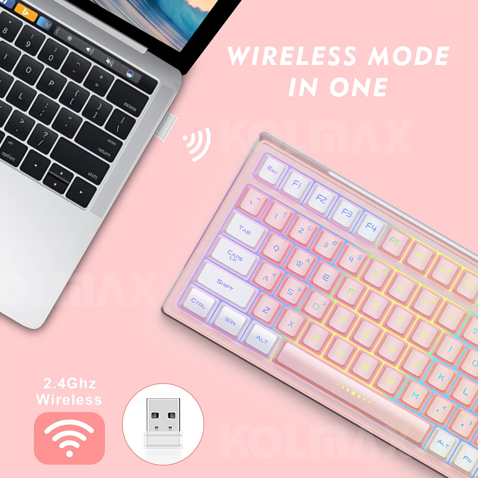 KOLMAX GK98 Wireless Gaming Keyboard,2.4G Rechargeable RGB Pink Gaming Keyboard,RGB Backlit Ergonomic 98 Keys Dual Color Mechanical Feeling Wireless Keyboard for Office Windows PC Mac Game PinkWhite