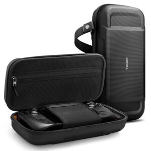 spigen rugged armor pro designed for steam deck lcd (2022) / steam deck oled (2023) hard shell travel carrying case with pockets for accessories and original charger storage bag carry case - black