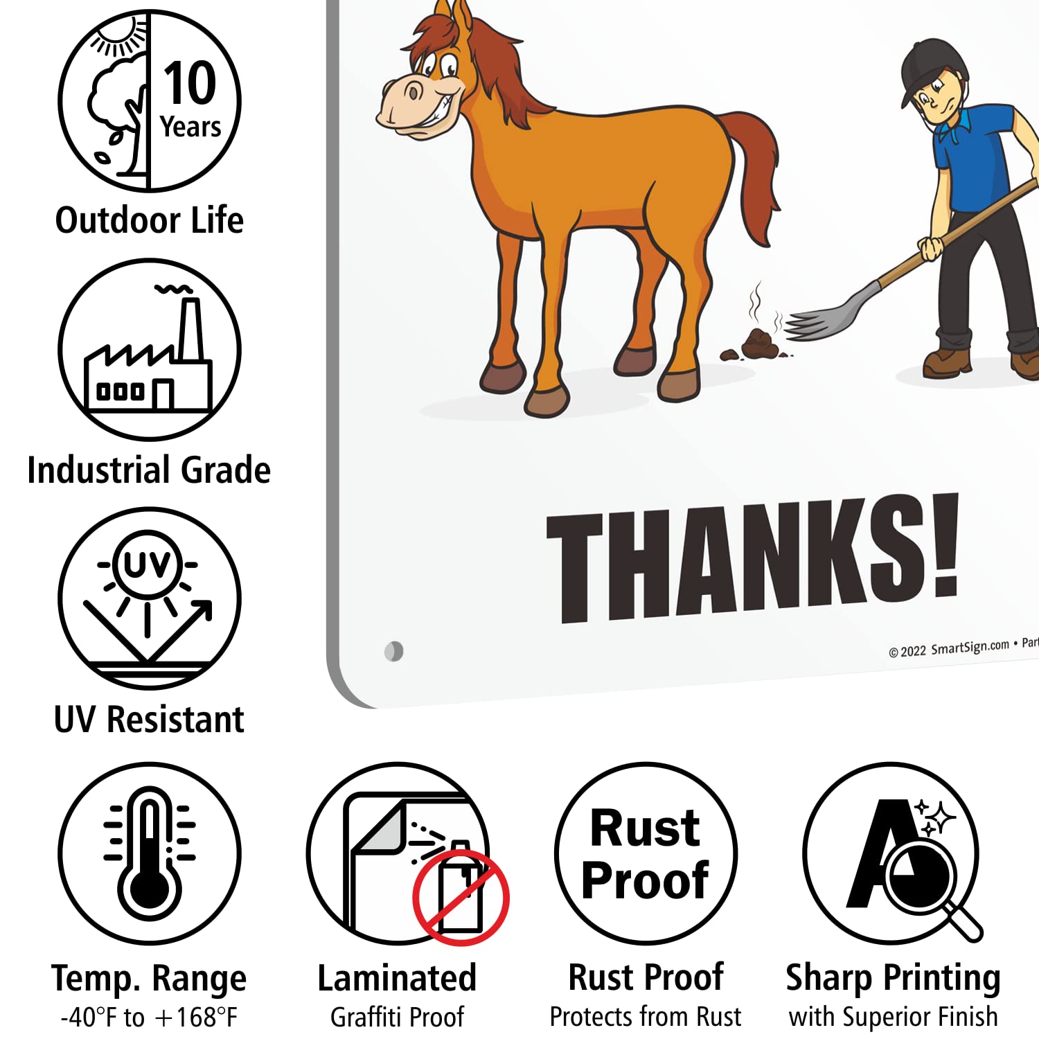 SmartSign 18 x 12 inch “Please Clean Up - Thanks” Horse Poop Metal Sign with Horse Graphic, 63 mil Laminated Rustproof Aluminum, Multicolor, Made in USA