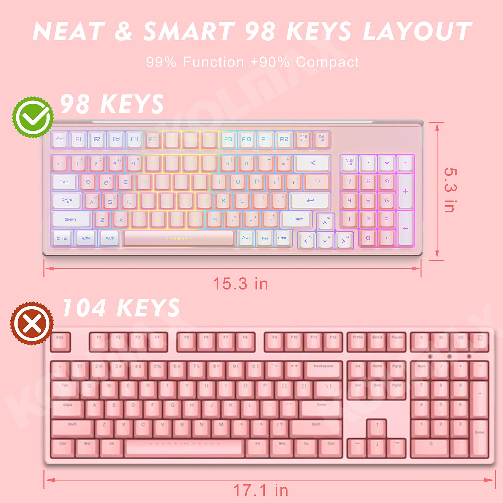 KOLMAX GK98 Wireless Gaming Keyboard,2.4G Rechargeable RGB Pink Gaming Keyboard,RGB Backlit Ergonomic 98 Keys Dual Color Mechanical Feeling Wireless Keyboard for Office Windows PC Mac Game PinkWhite