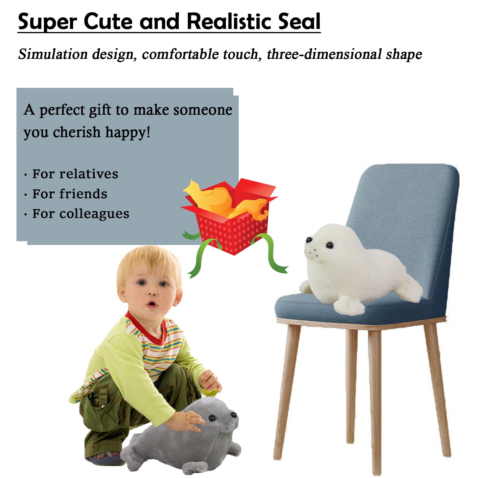 Seal Plush Stuffed Animal White Cute Toy Pillow Kawaii Doll for Kids, 11.8 inch