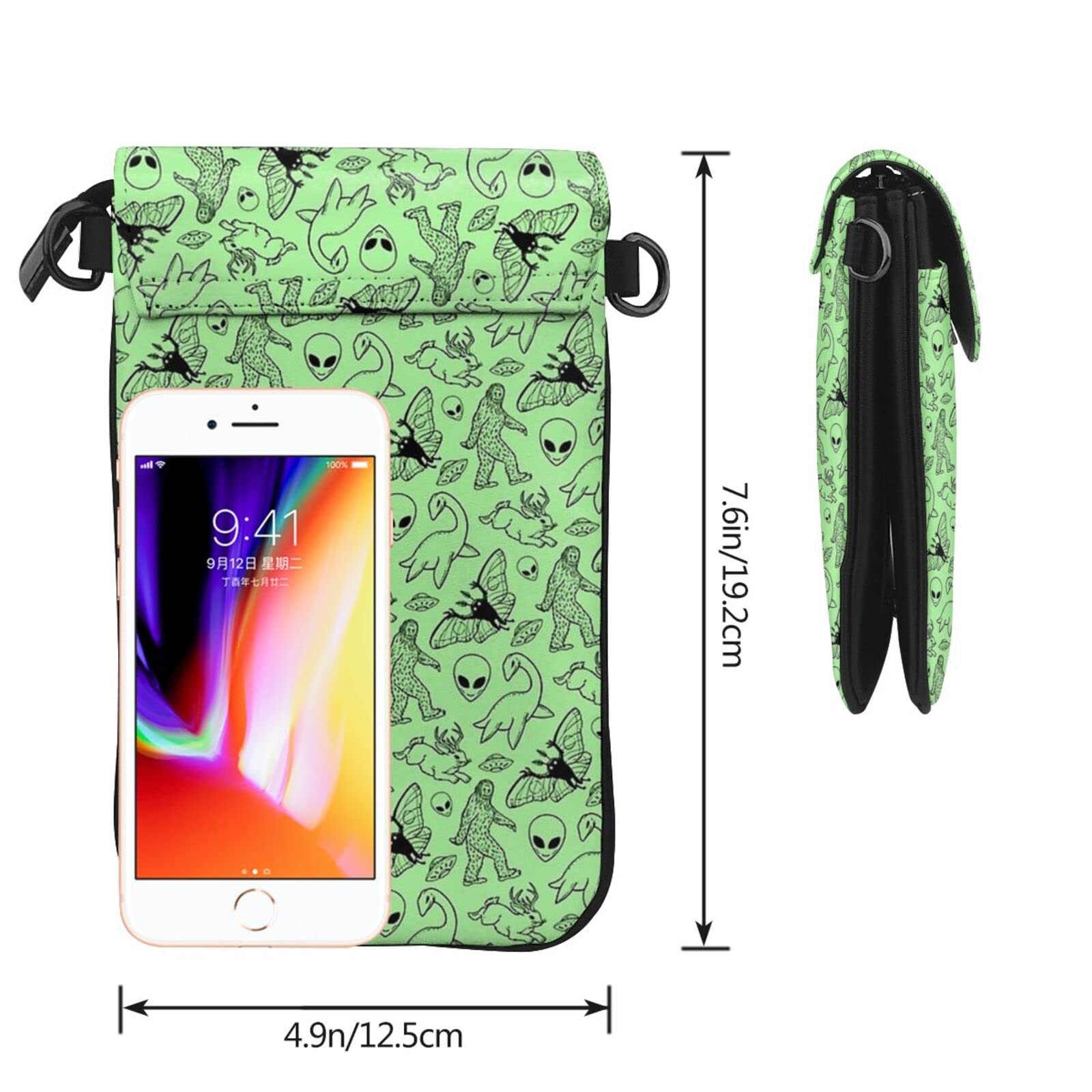 Crossbody Cell Phone Purse Aliens Bigfoot Savage Dinosaurs Green, Multipurpose Soft PU Leather Wallet for Mobile Phone Card Passport Storage, Lightweight Casual Adjustable Shoulder Bag