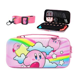 nocksydecal cute kirby carrying case compatible with nintendo switch & oled mode, pink portable travel case with shoulder strap for switch, hard switch accessories carry case for girls