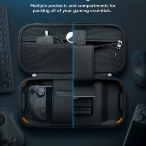 Spigen Rugged Armor Pro Designed for Steam Deck LCD (2022) / Steam Deck OLED (2023) Hard Shell Travel Carrying Case with Pockets for Accessories and Original Charger Storage Bag Carry Case - Black