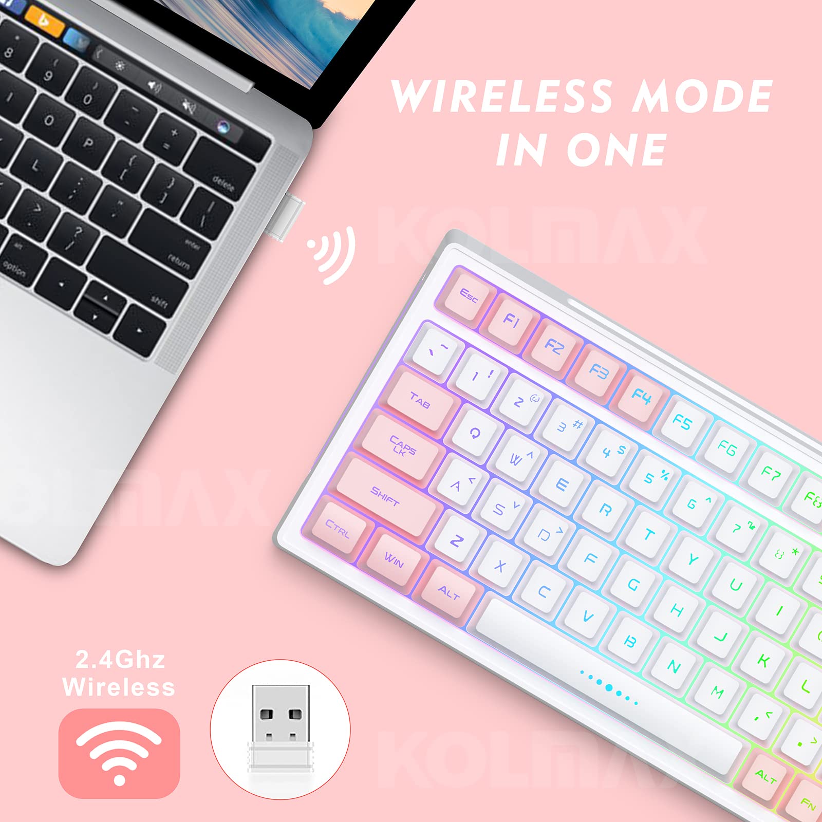 GK98 Wireless Gaming Keyboard,2.4G Rechargeable RGB White Backlit Ergonomic 98 keys Mechanical Feeling Dual Color Keyboard for Office Windows Mac PC Xbox PS4 Gamer(WhitePink)