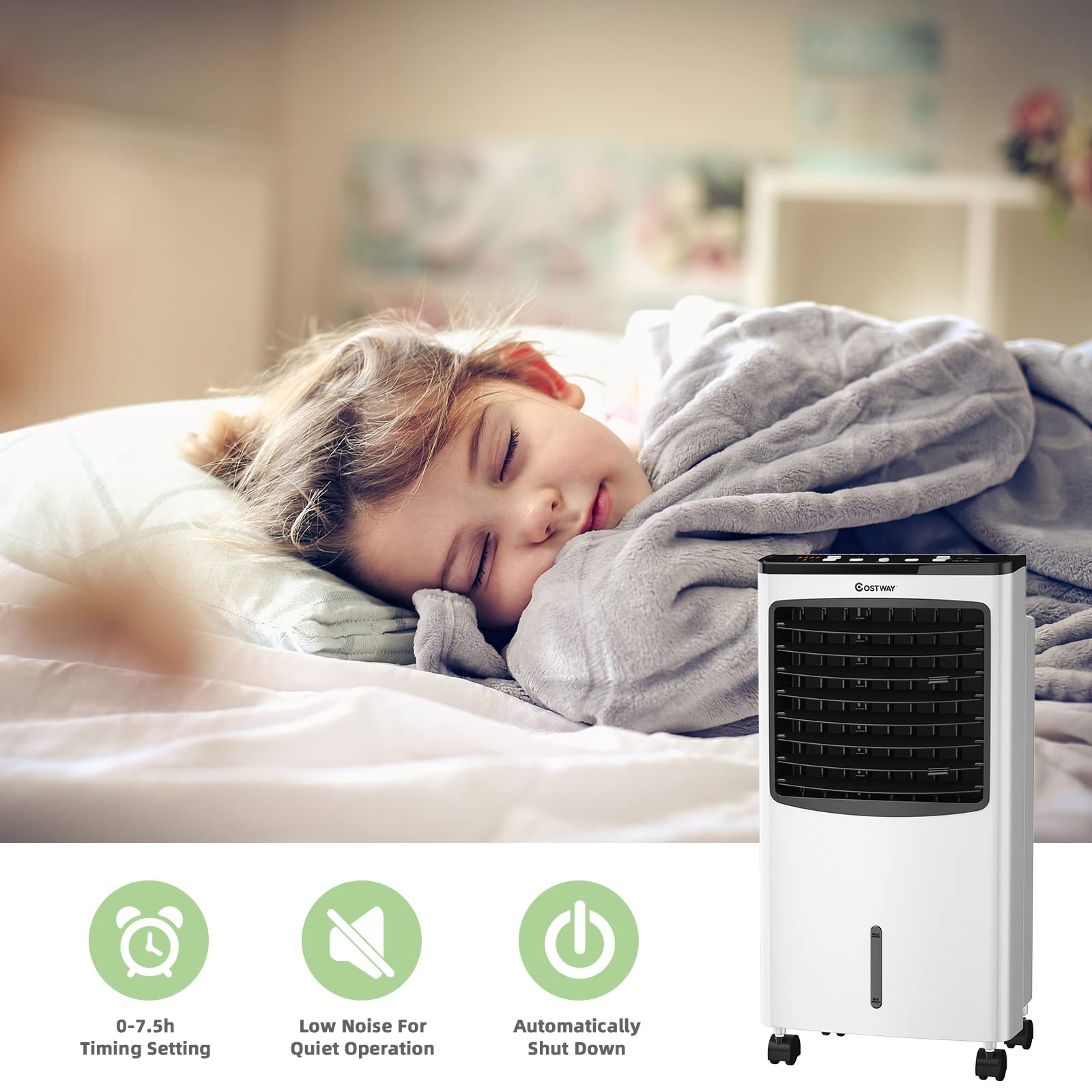 COSTWAY Portable Evaporative Air Cooler for Room, Air Cooler for Cooling and Sleep with Remote Control, 7.5-Hour Timer, 2 Ice Boxes, Quiet Evaporative Cooler for Bedroom Indoor Use Home Office Dorms