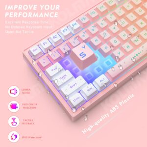 KOLMAX GK98 Wireless Gaming Keyboard,2.4G Rechargeable RGB Pink Gaming Keyboard,RGB Backlit Ergonomic 98 Keys Dual Color Mechanical Feeling Wireless Keyboard for Office Windows PC Mac Game PinkWhite